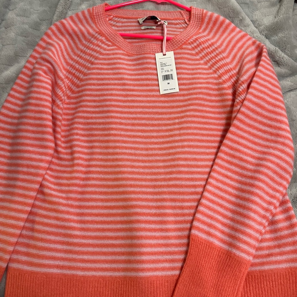 Coral Striped Crew Neck Pullover Sweater